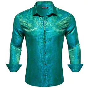 Barry Wang Teal Shirt Bright Green Blue Paisley Silk Men's Dress Shirt
