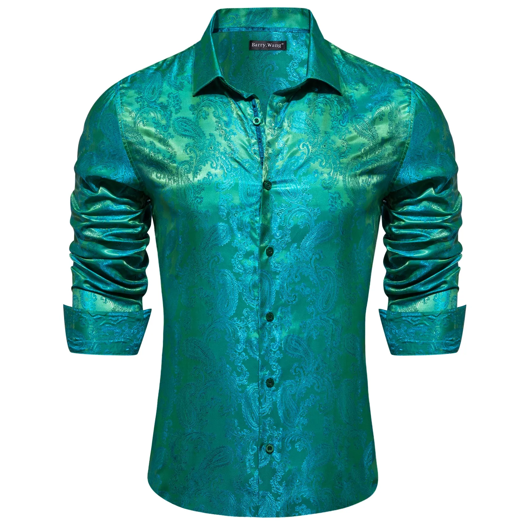 Barry Wang Teal Shirt Bright Green Blue Paisley Silk Men's Dress Shirt