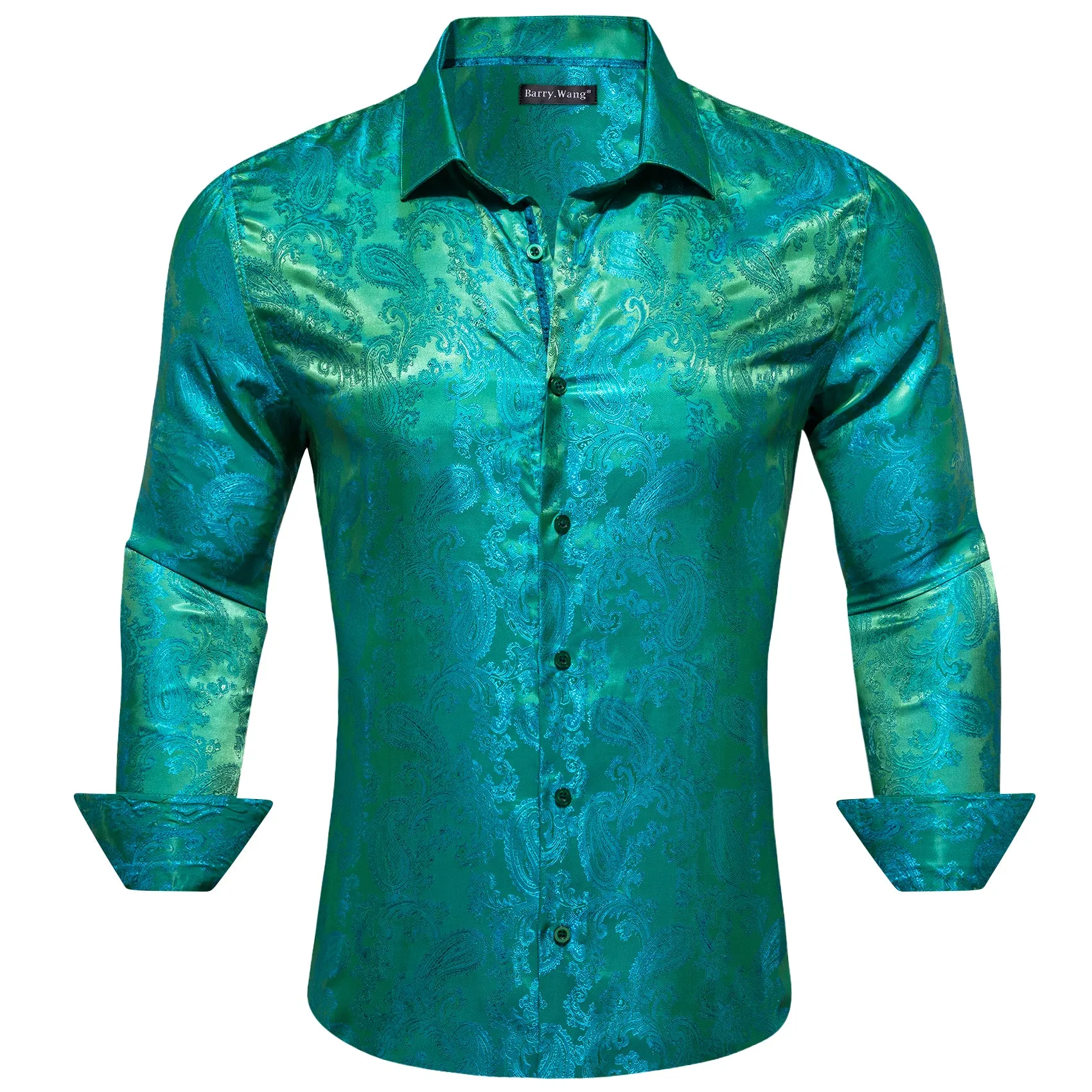 Barry Wang Teal Shirt Bright Green Blue Paisley Silk Men's Dress Shirt