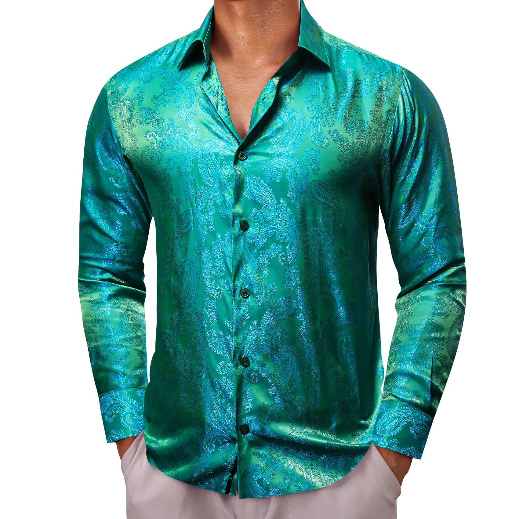Barry Wang Teal Shirt Bright Green Blue Paisley Silk Men's Dress Shirt