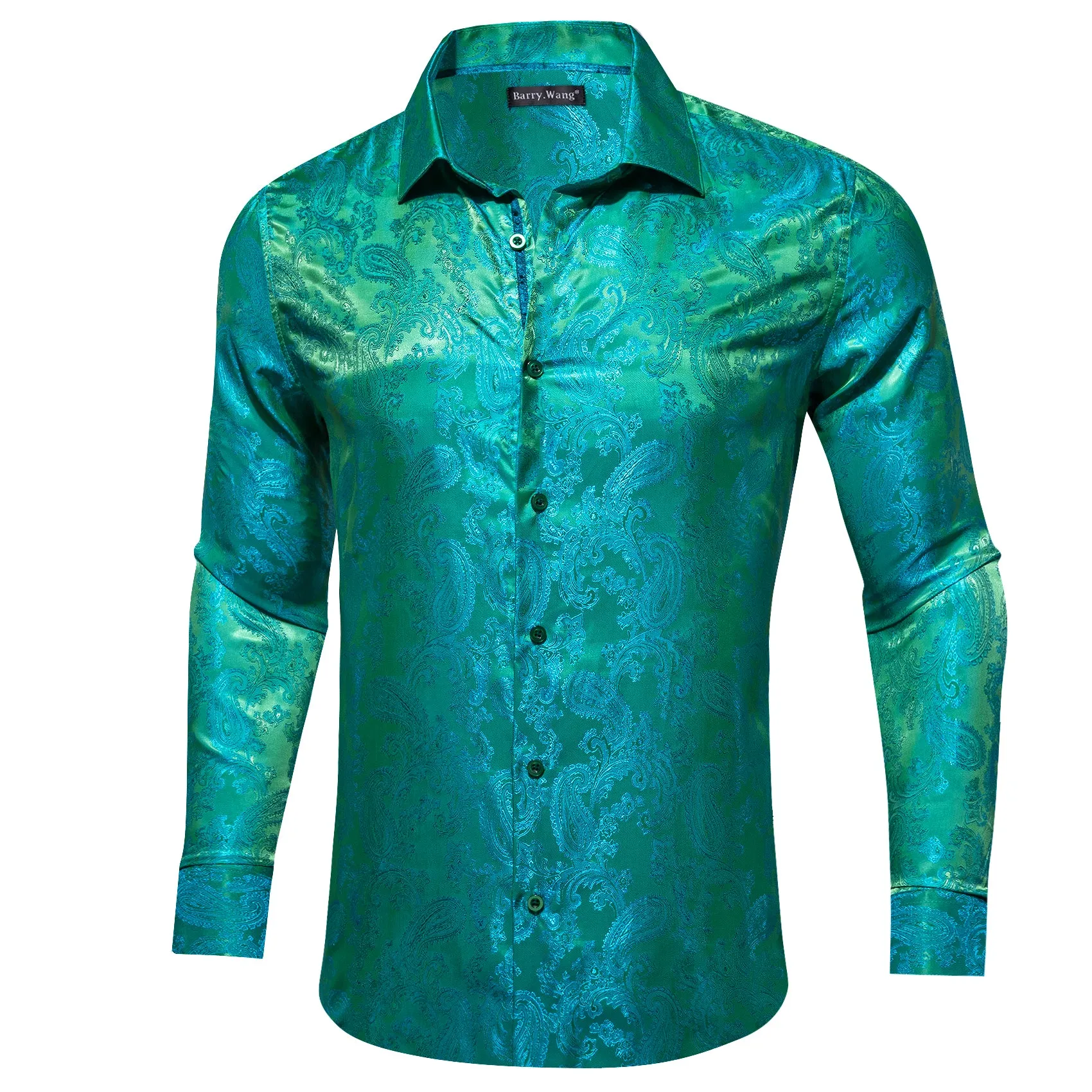 Barry Wang Teal Shirt Bright Green Blue Paisley Silk Men's Dress Shirt