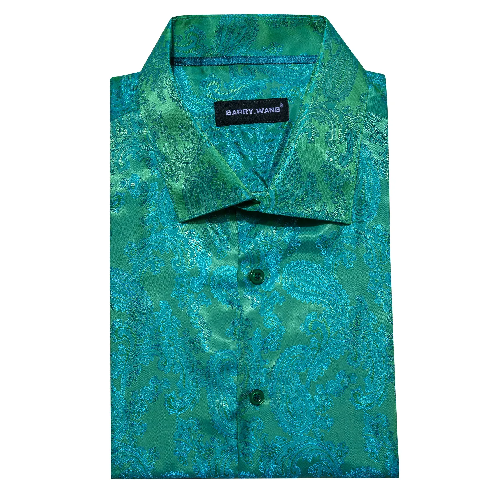 Barry Wang Teal Shirt Bright Green Blue Paisley Silk Men's Dress Shirt