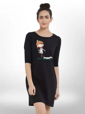 BEAUTIFUL GIRL WITH PET PRINTED THREE QUARTER SLEEVE T-SHIRT SIDE POCKET  FOR WOMEN'S