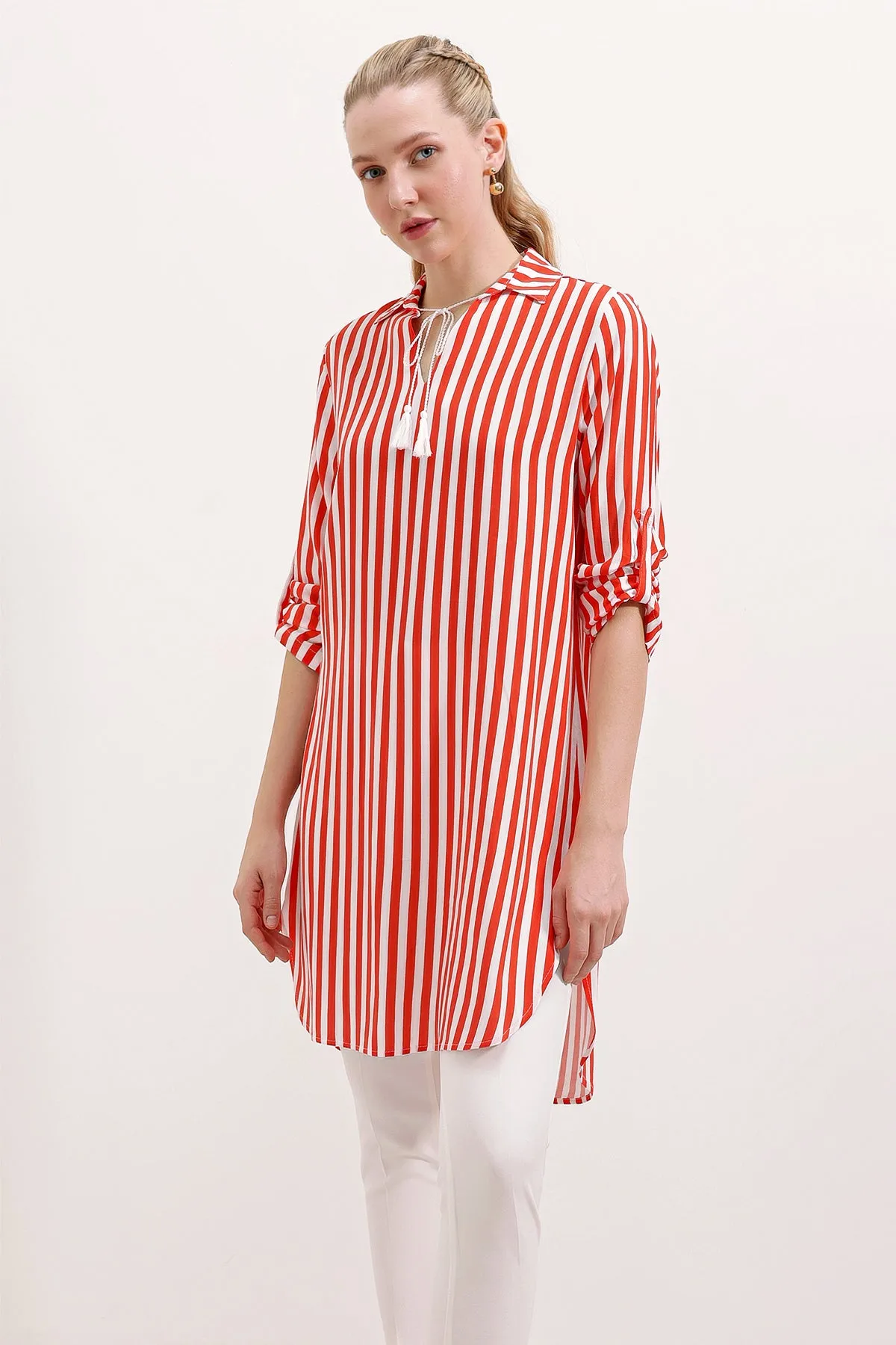 BGD Women Striped Tunic with Neck Tie - Pomegranate - Avondale
