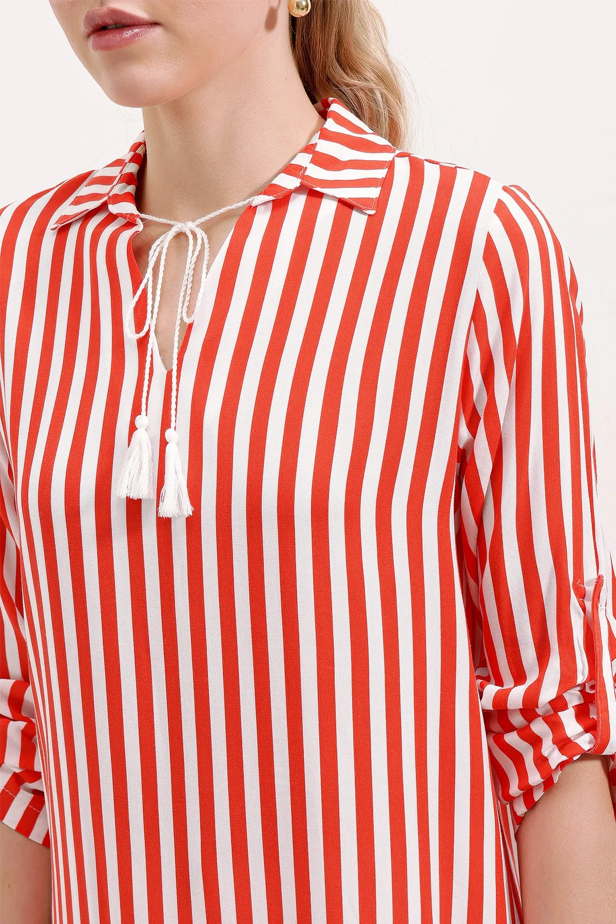 BGD Women Striped Tunic with Neck Tie - Pomegranate - Avondale