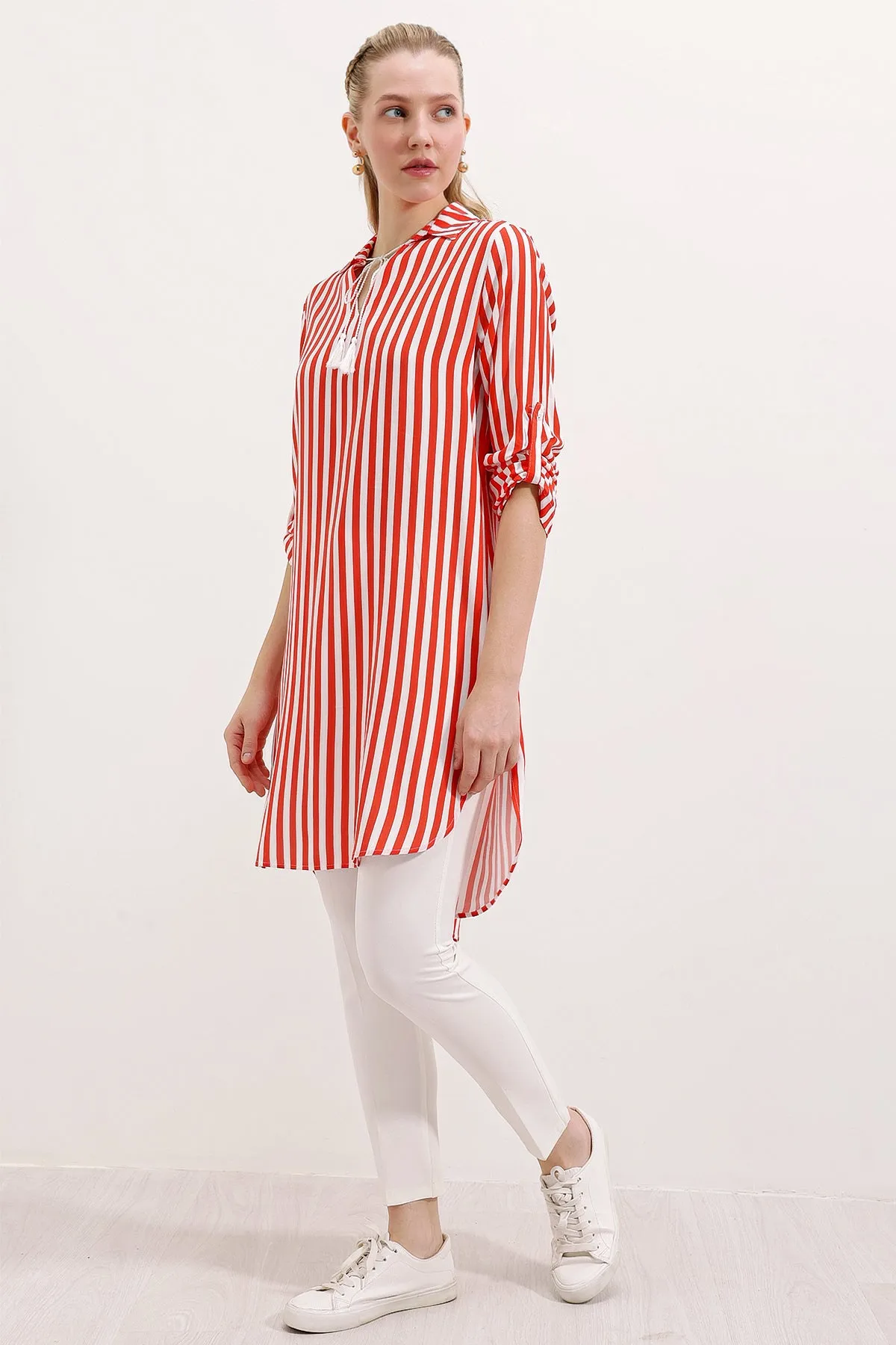 BGD Women Striped Tunic with Neck Tie - Pomegranate - Avondale