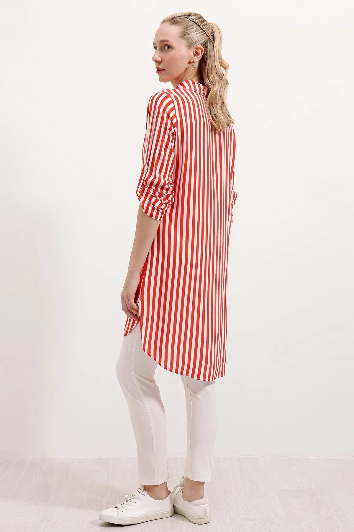 BGD Women Striped Tunic with Neck Tie - Pomegranate - Avondale