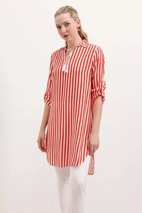 BGD Women Striped Tunic with Neck Tie - Pomegranate - Avondale