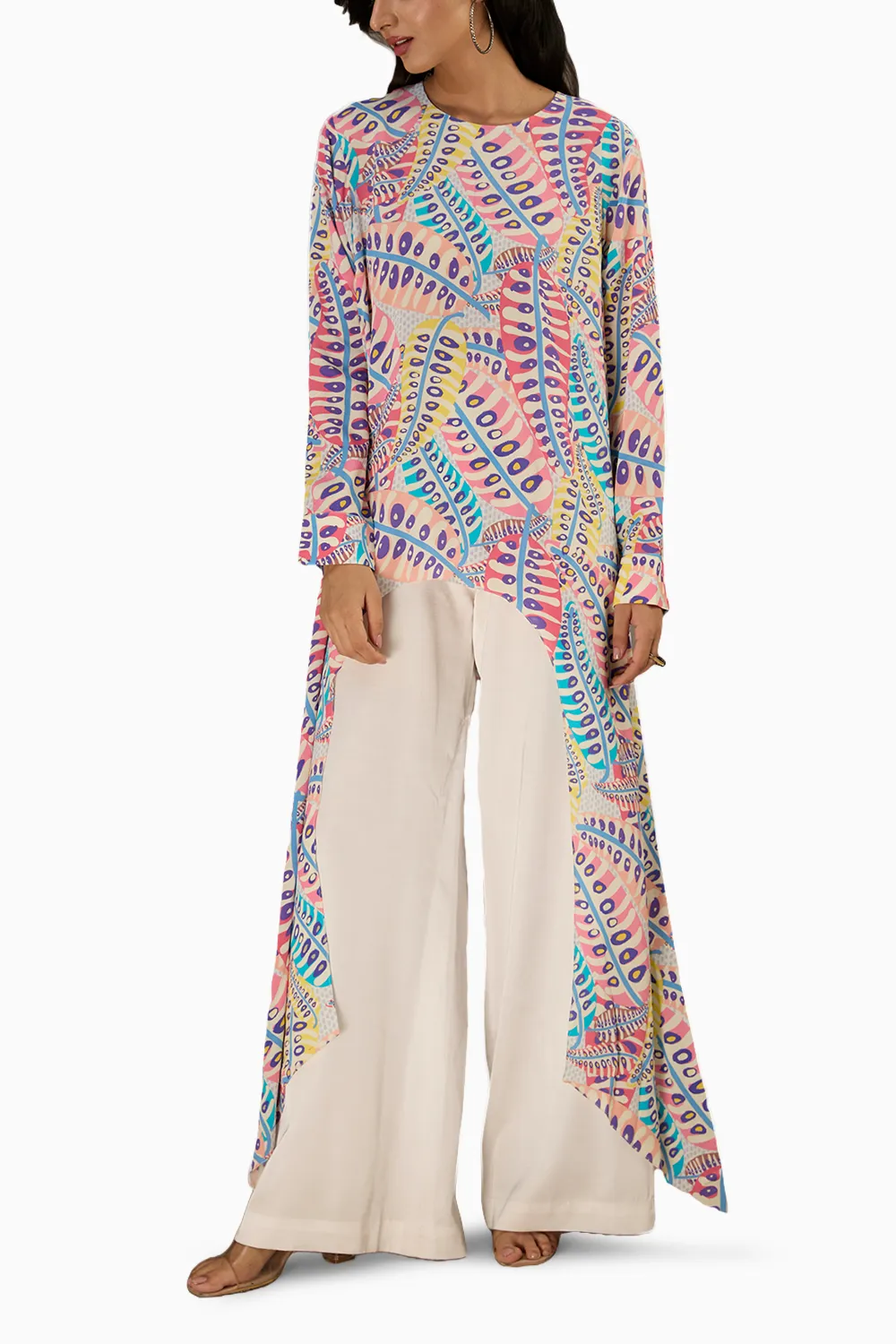 Blue Printed Crepe Tunic With Side Tail