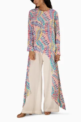 Blue Printed Crepe Tunic With Side Tail