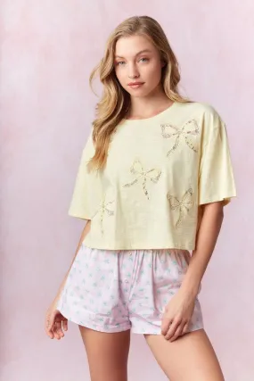 Bow Lace Laser Cut Embroidered Top Light Yellow