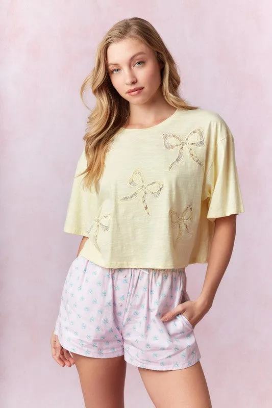 Bow Lace Laser Cut Embroidered Top Light Yellow