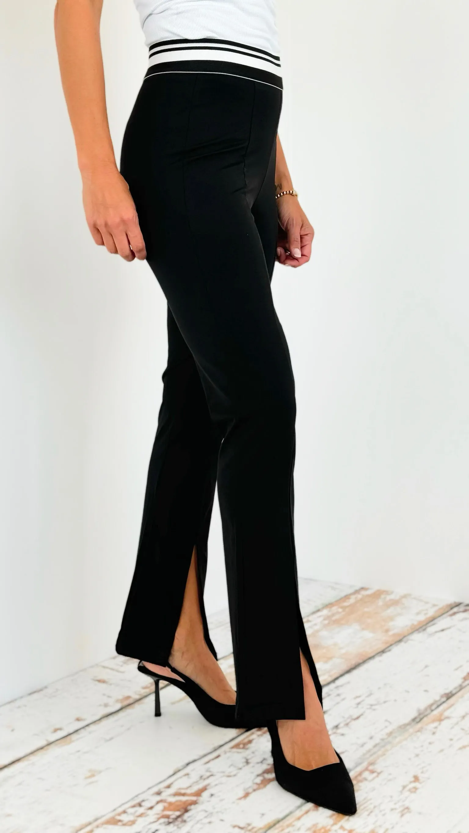 Contrast Band Front Slit Pants