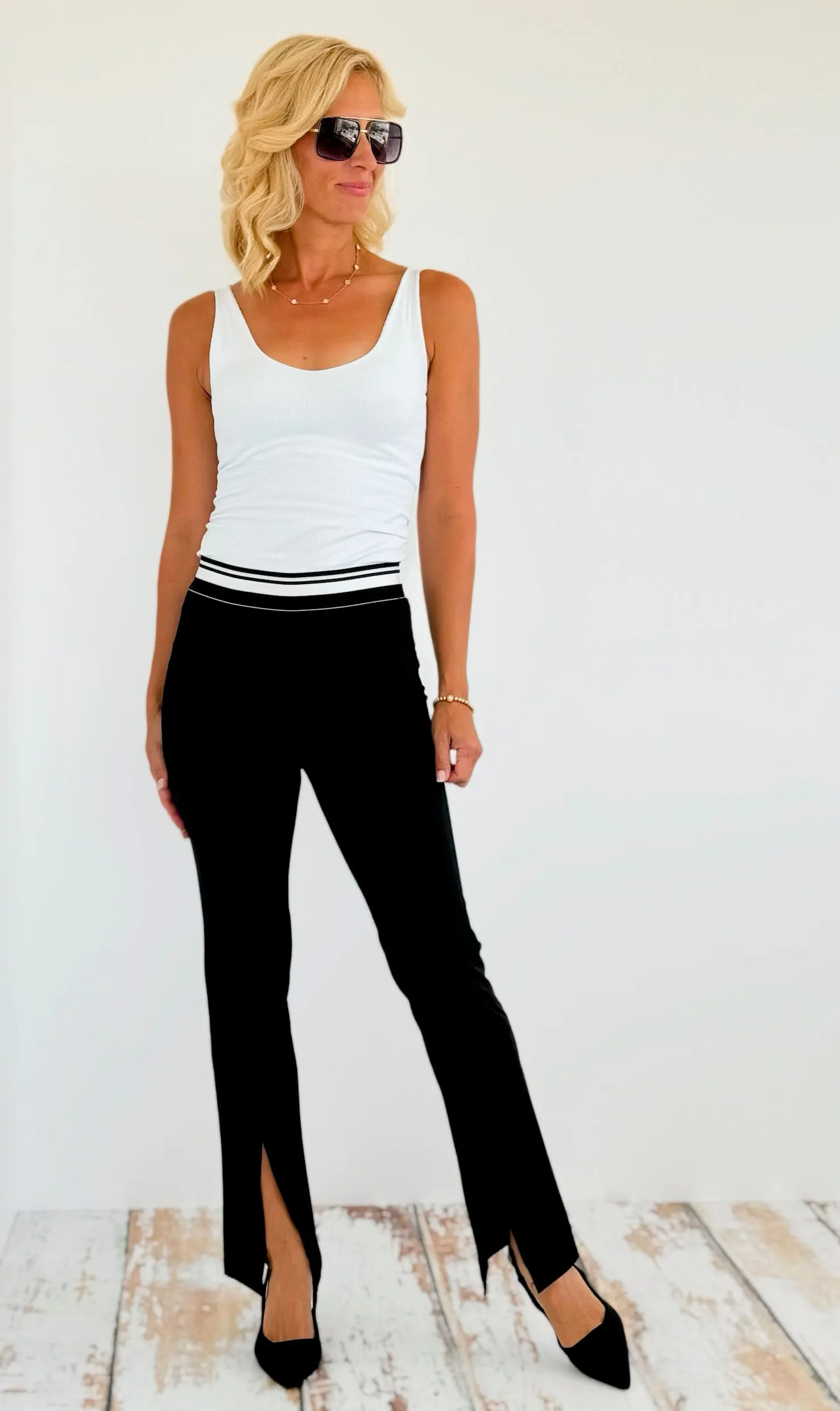 Contrast Band Front Slit Pants