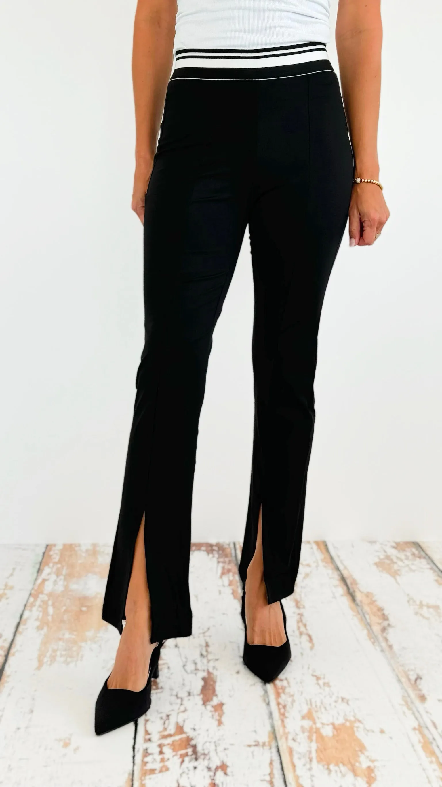 Contrast Band Front Slit Pants