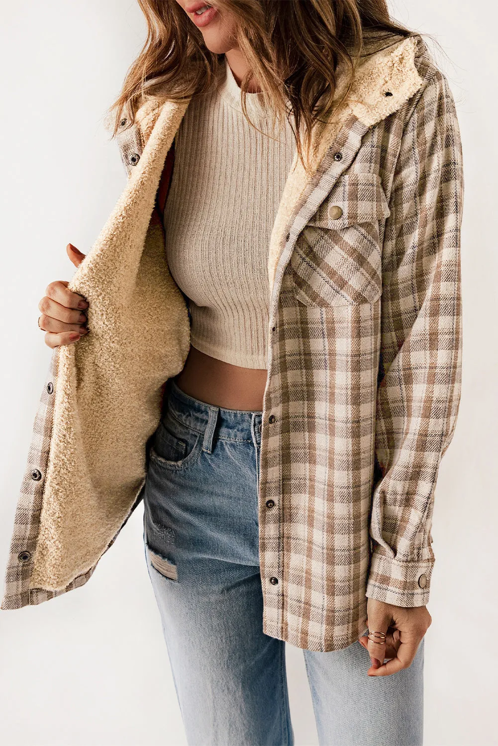 Cozy Plush Plaid Sherpa Hoodie Shacket