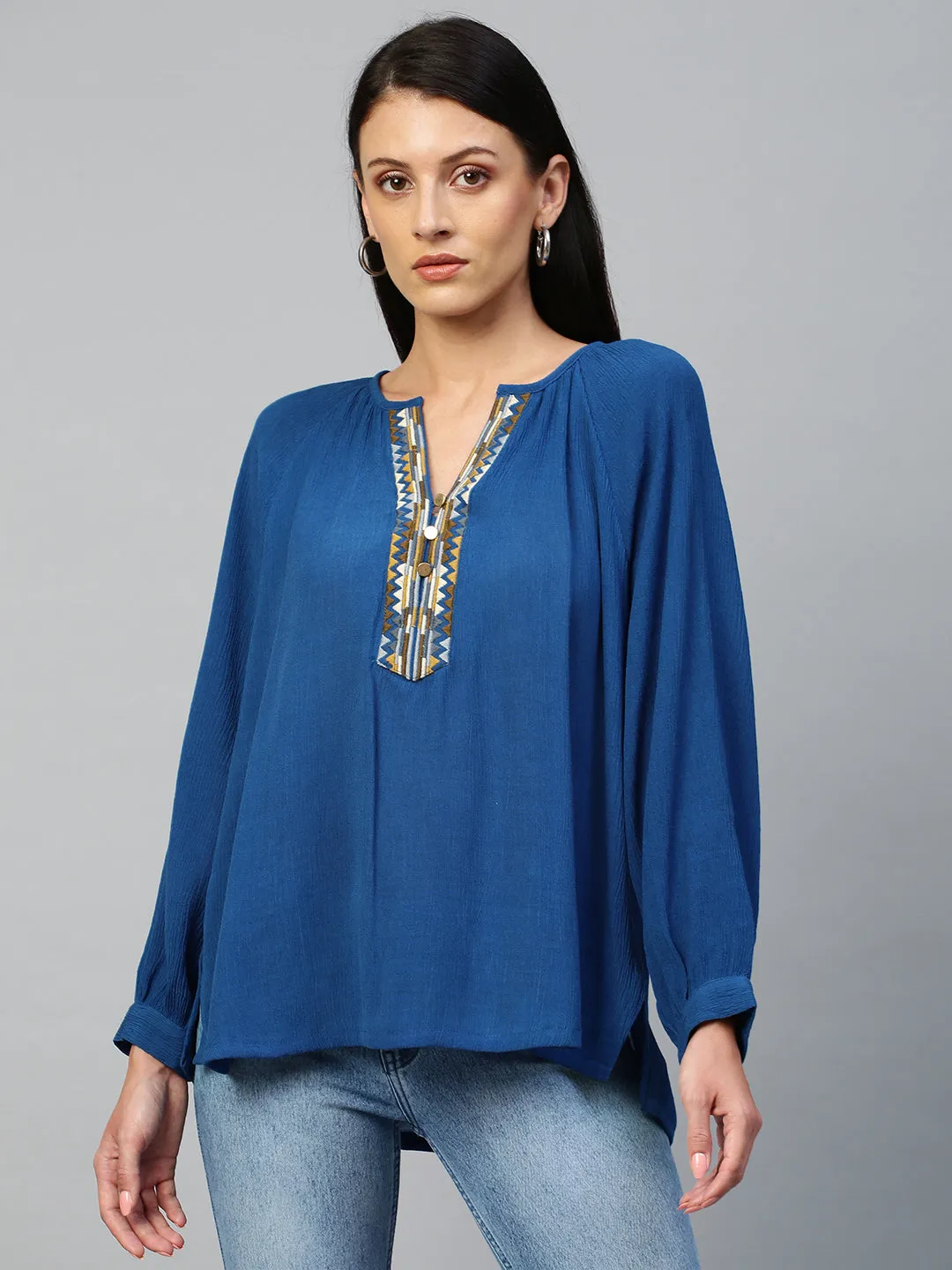 Crinkle Rayon Embroidered Tunic Top