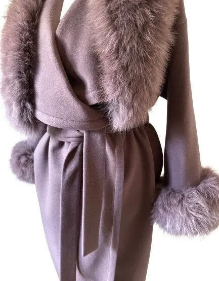 Dark Purpe Wrap Elegant Women coat, Long Belted Feminine Overcoat Trim Fox Fur, Cashmere Woolen blend Coat Wrap