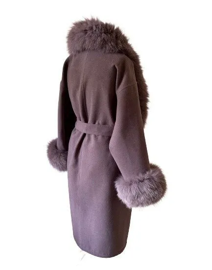 Dark Purpe Wrap Elegant Women coat, Long Belted Feminine Overcoat Trim Fox Fur, Cashmere Woolen blend Coat Wrap