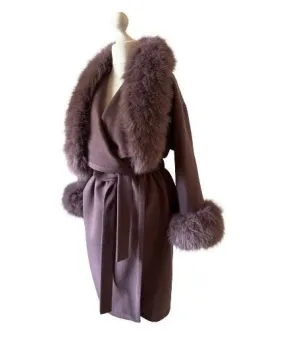 Dark Purpe Wrap Elegant Women coat, Long Belted Feminine Overcoat Trim Fox Fur, Cashmere Woolen blend Coat Wrap