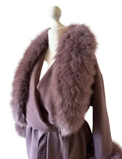 Dark Purpe Wrap Elegant Women coat, Long Belted Feminine Overcoat Trim Fox Fur, Cashmere Woolen blend Coat Wrap