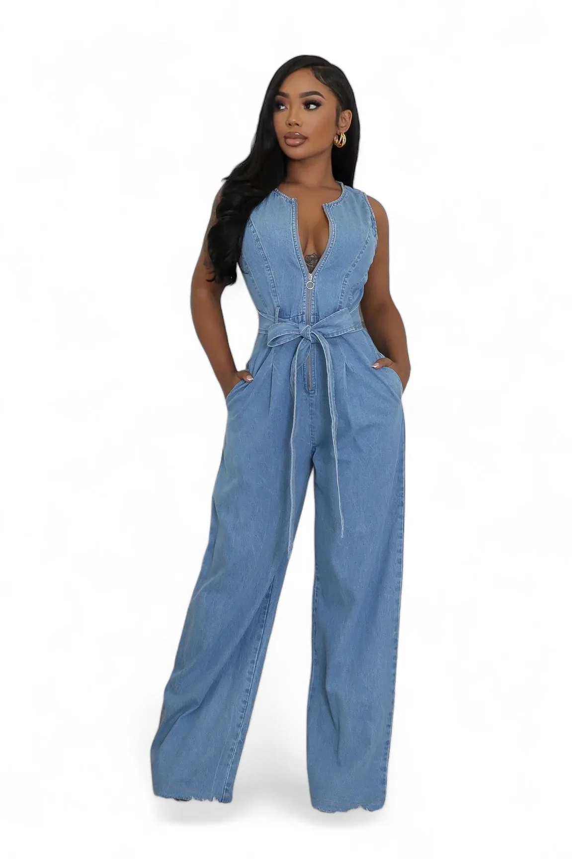 Denim Front Zipper Wide Leg Jumpsuit