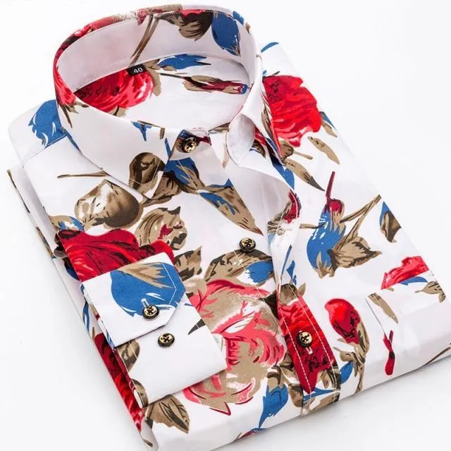 Floral Printed Long Sleeved Slim Fit Business Dress Shirt