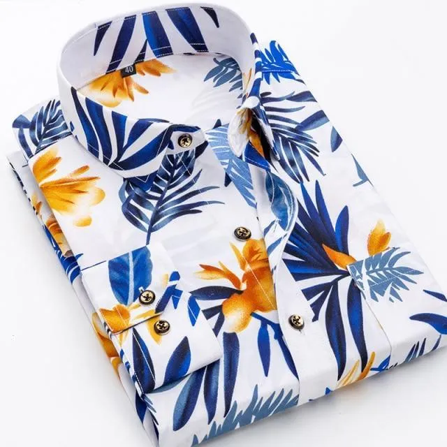 Floral Printed Long Sleeved Slim Fit Business Dress Shirt