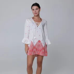 J Valdi Corsica Ruffle Sleeve Lace Neck Coverup Tunic - White/Orange