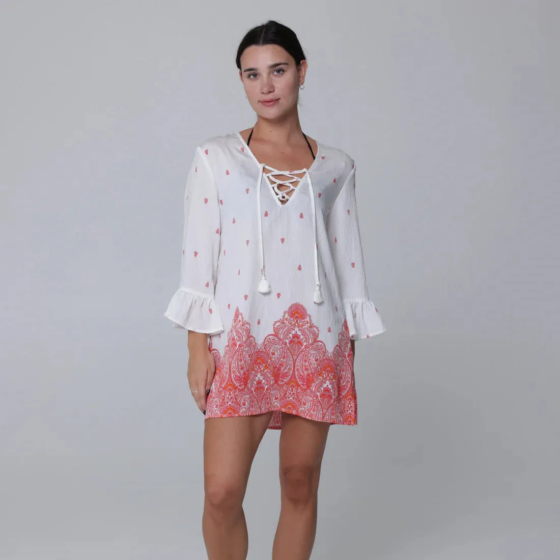 J Valdi Corsica Ruffle Sleeve Lace Neck Coverup Tunic - White/Orange