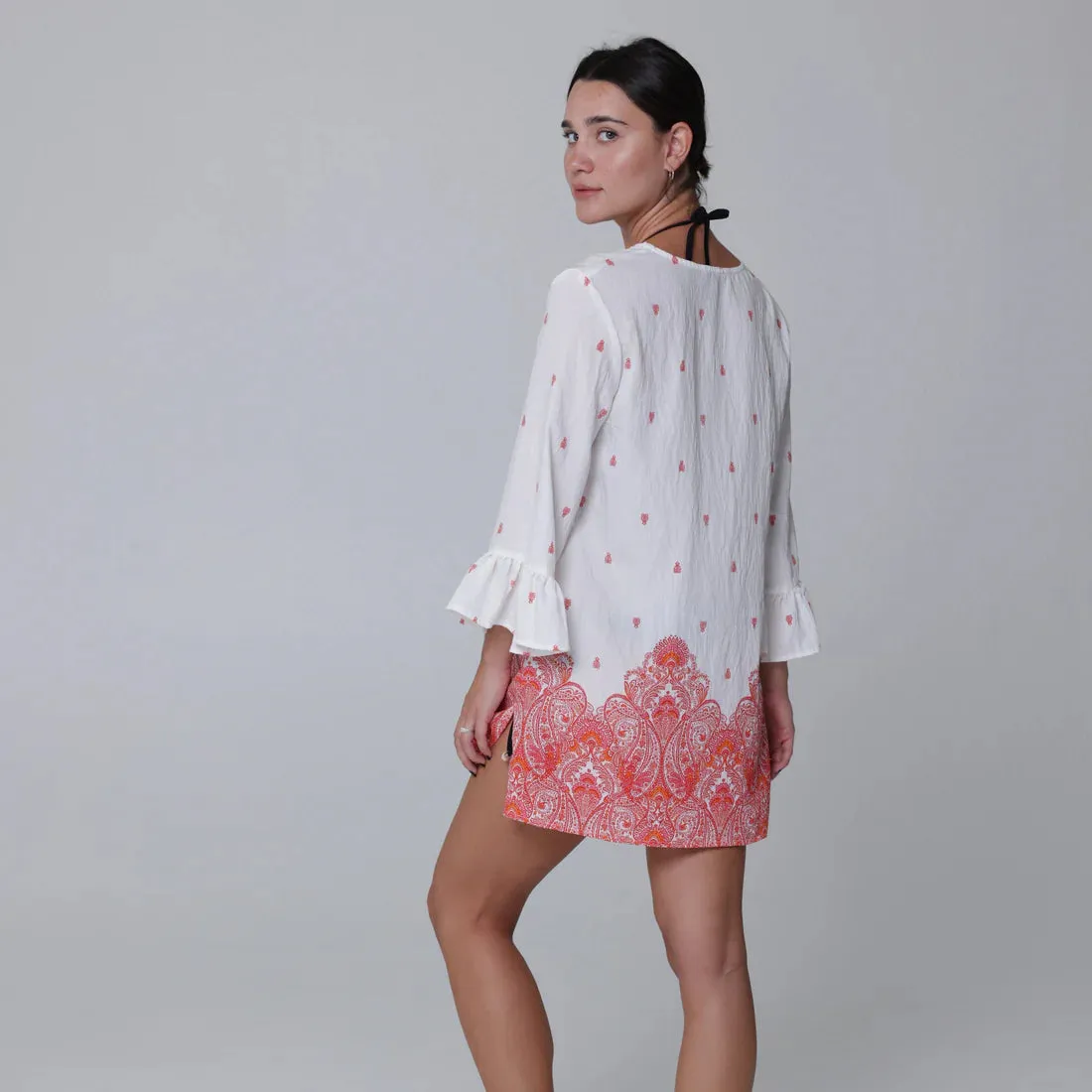 J Valdi Corsica Ruffle Sleeve Lace Neck Coverup Tunic - White/Orange
