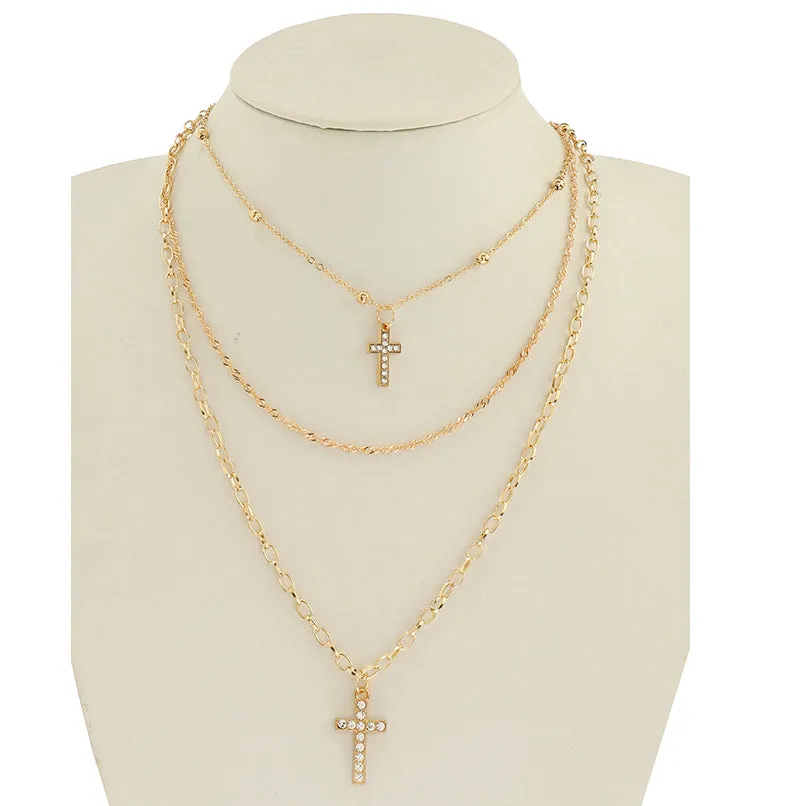 JAN45332 - Rhinestone Cross Layered Chain Necklace