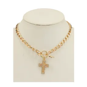 JAN46935 - Rhinestone Cross Chain Link Necklace