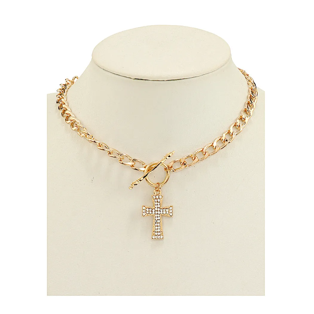 JAN46938 - Rhinestone Cross Chain Link Necklace