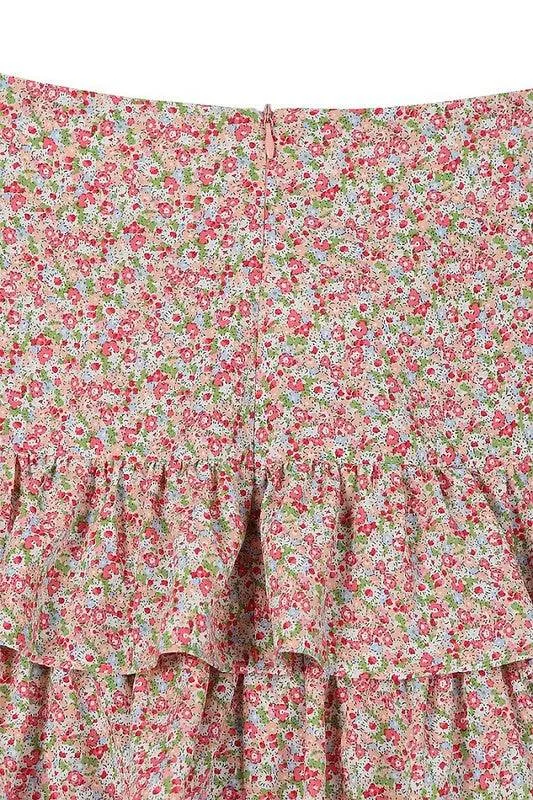 Lilou Tierd Floral Shirred Waist Layered Ruffle Hem Skirt