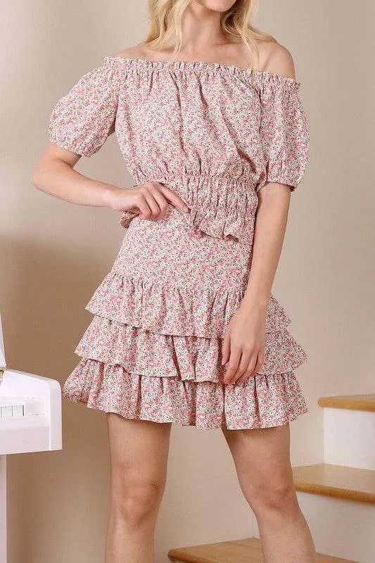 Lilou Tierd Floral Shirred Waist Layered Ruffle Hem Skirt