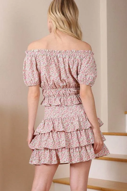 Lilou Tierd Floral Shirred Waist Layered Ruffle Hem Skirt