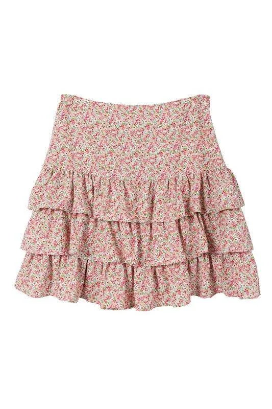 Lilou Tierd Floral Shirred Waist Layered Ruffle Hem Skirt