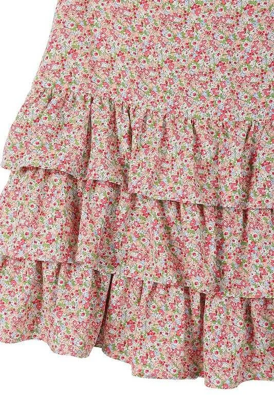 Lilou Tierd Floral Shirred Waist Layered Ruffle Hem Skirt