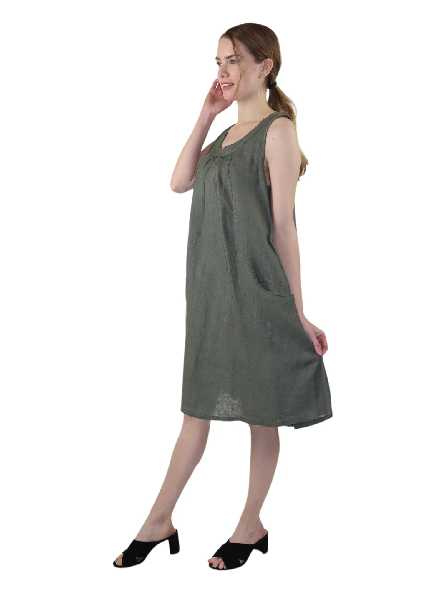 Linen Sleeveless Midi Dress with Bowtie Back and Front Pockets, 100% Natural Linen