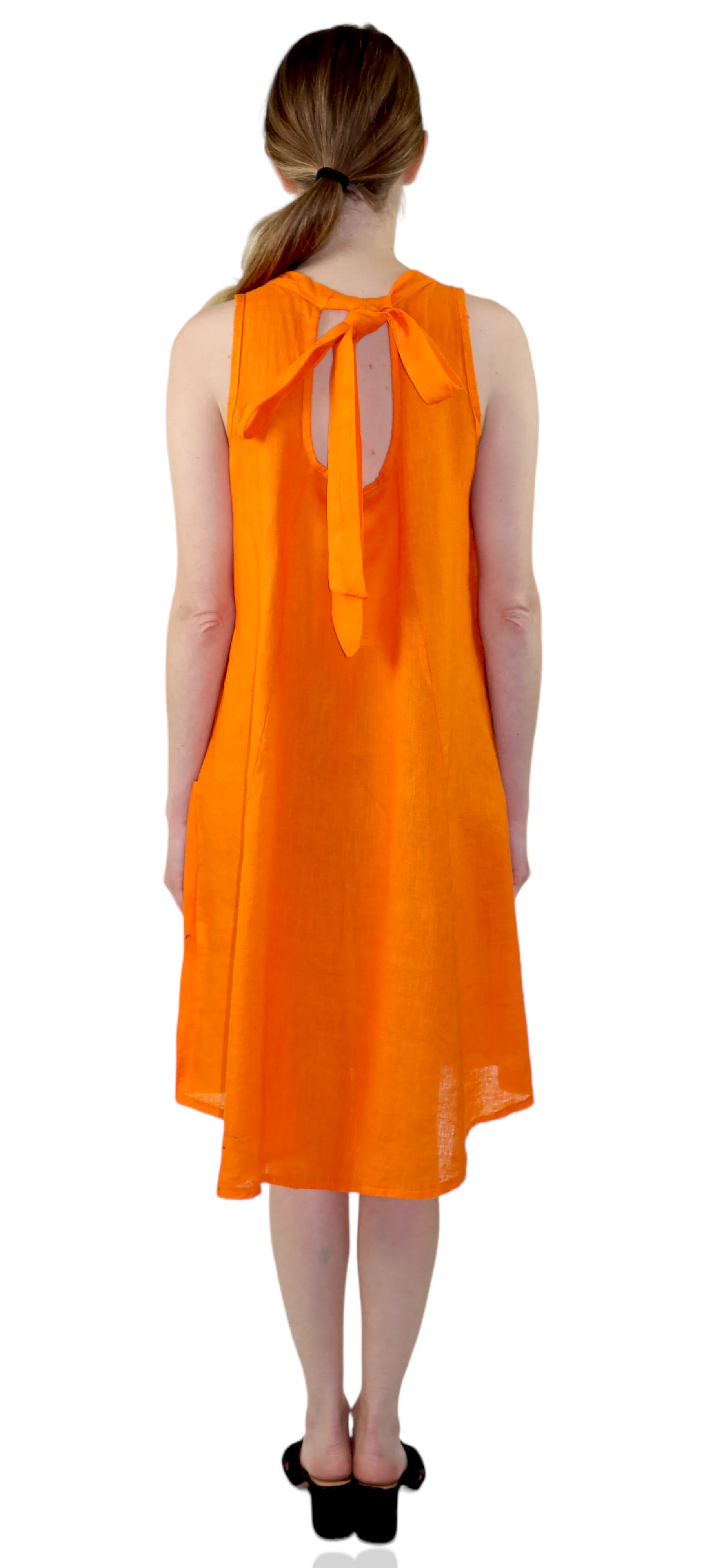 Linen Sleeveless Midi Dress with Bowtie Back and Front Pockets, 100% Natural Linen