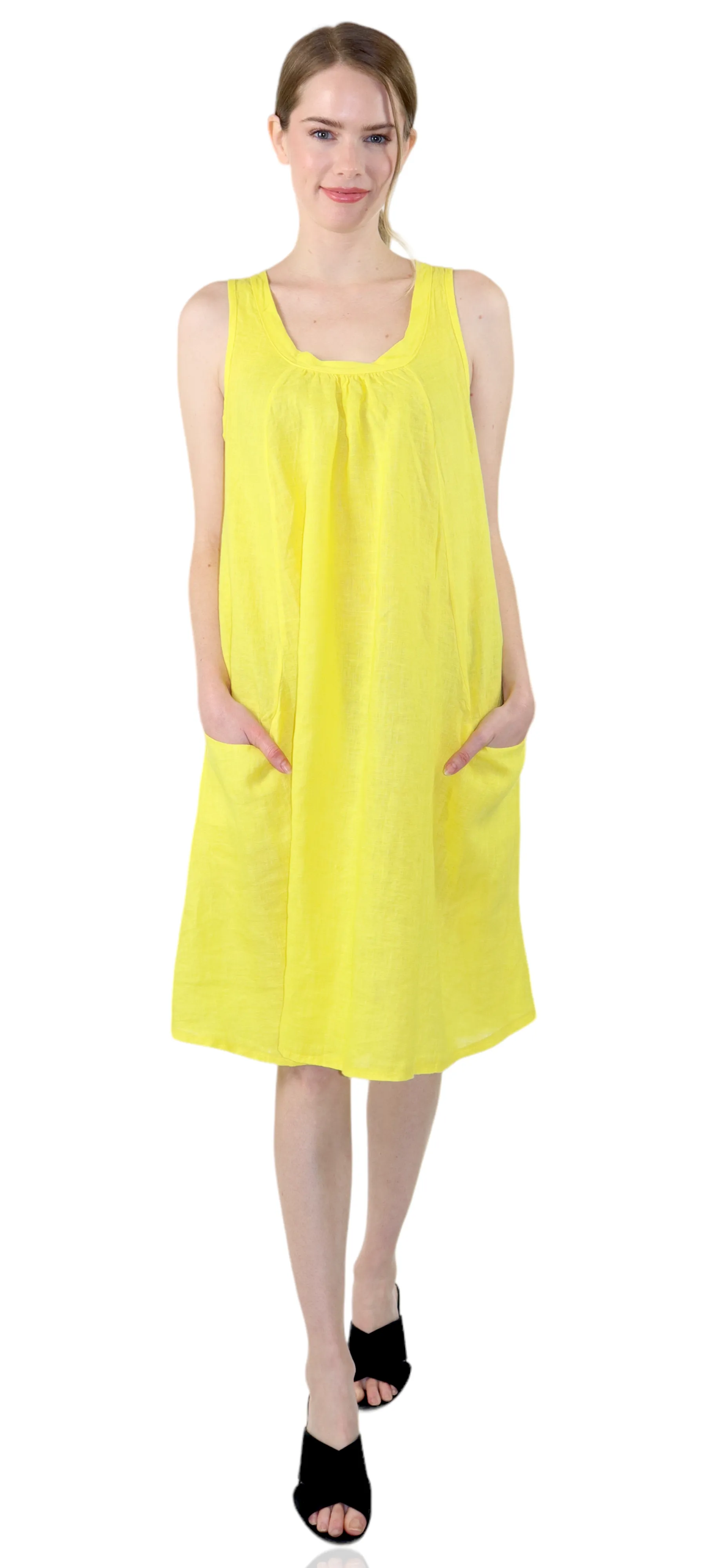 Linen Sleeveless Midi Dress with Bowtie Back and Front Pockets, 100% Natural Linen