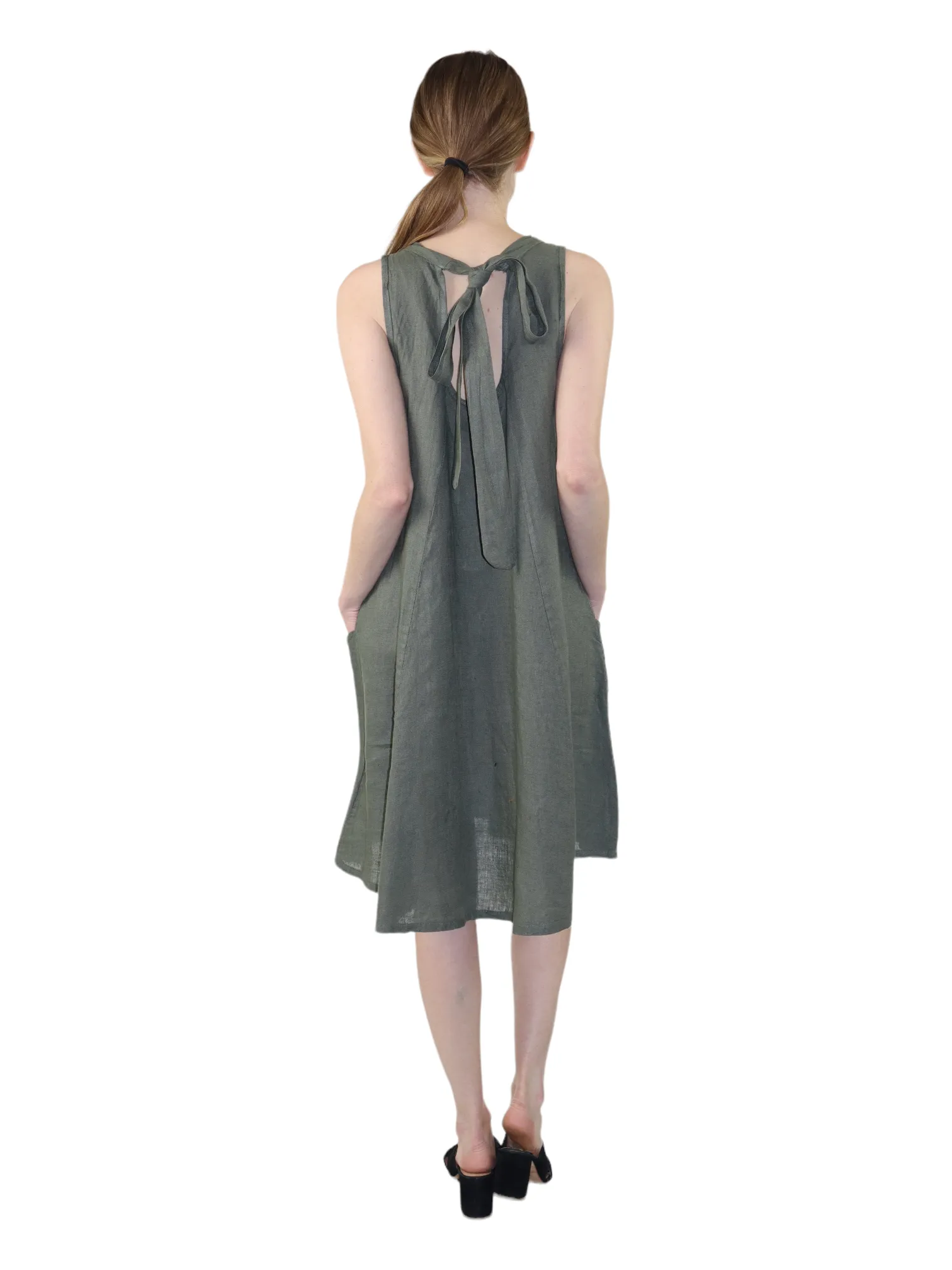 Linen Sleeveless Midi Dress with Bowtie Back and Front Pockets, 100% Natural Linen