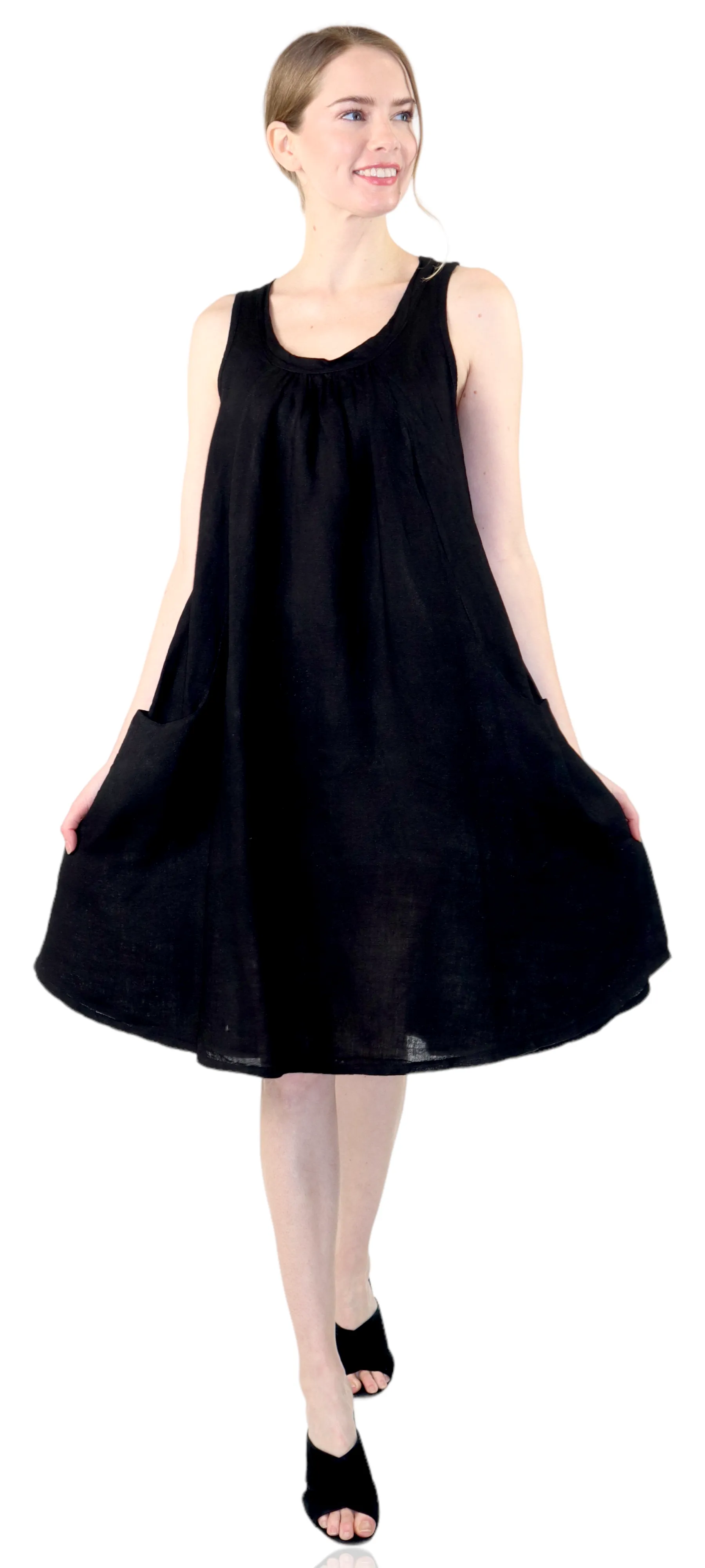 Linen Sleeveless Midi Dress with Bowtie Back and Front Pockets, 100% Natural Linen