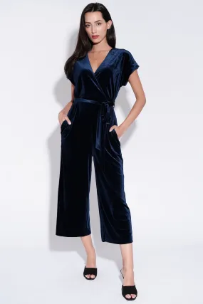 Louche Tiffany Navy Blue Velvet Cropped Leg Jumpsuit