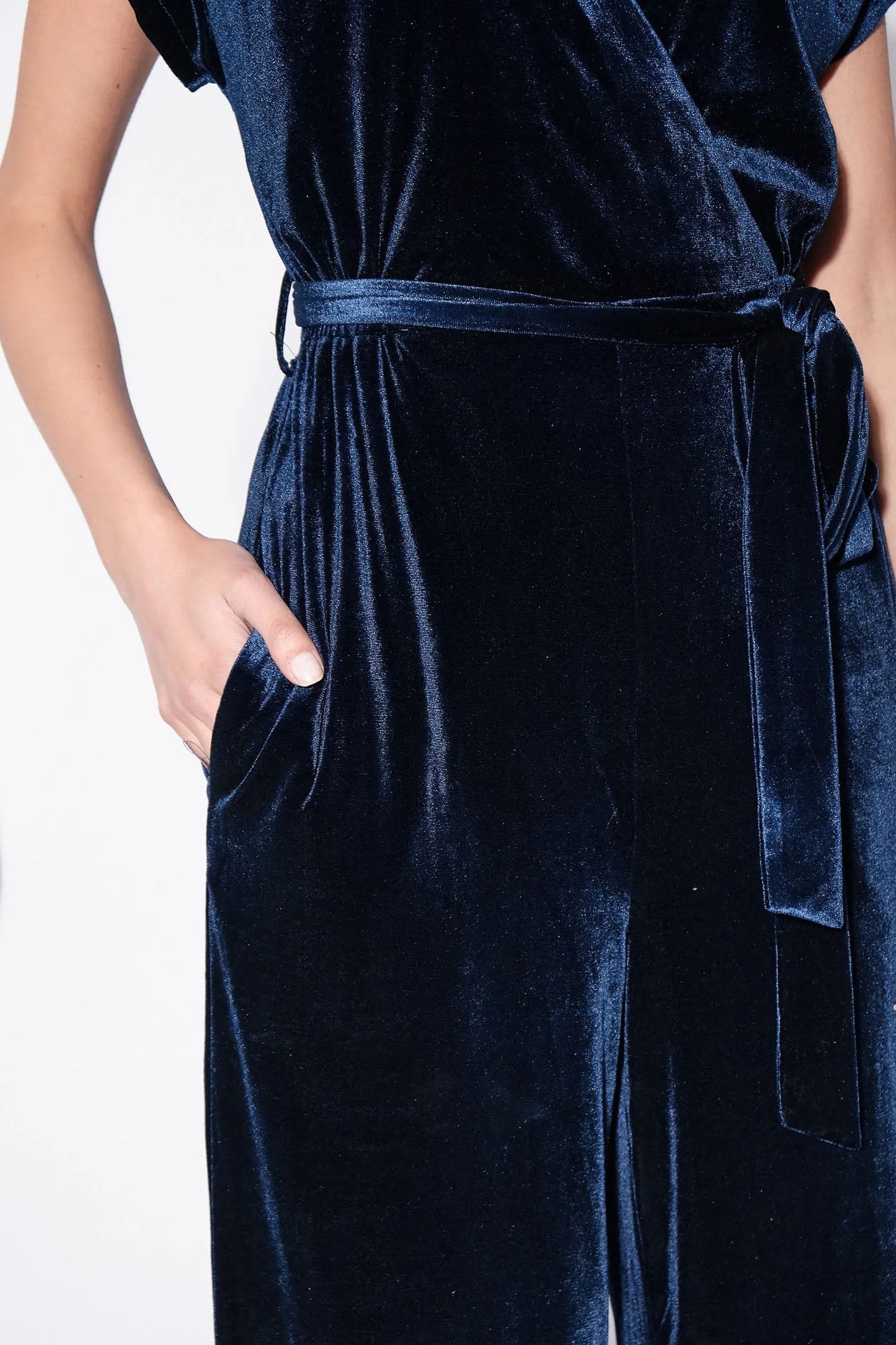 Louche Tiffany Navy Blue Velvet Cropped Leg Jumpsuit