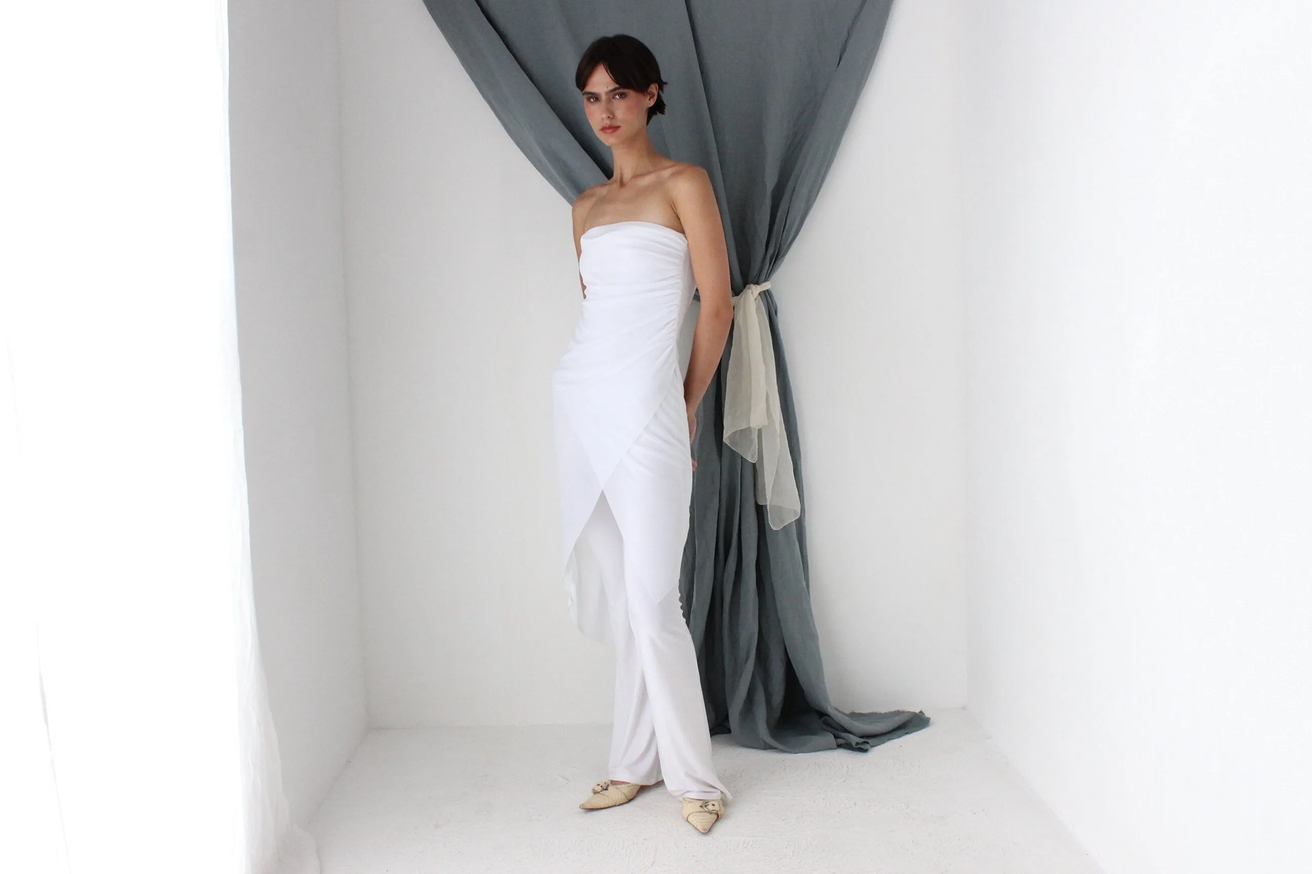 MADE IN ITALY Y2K Strapless Mesh & Spandex Ruched Flared Jumpsuit
