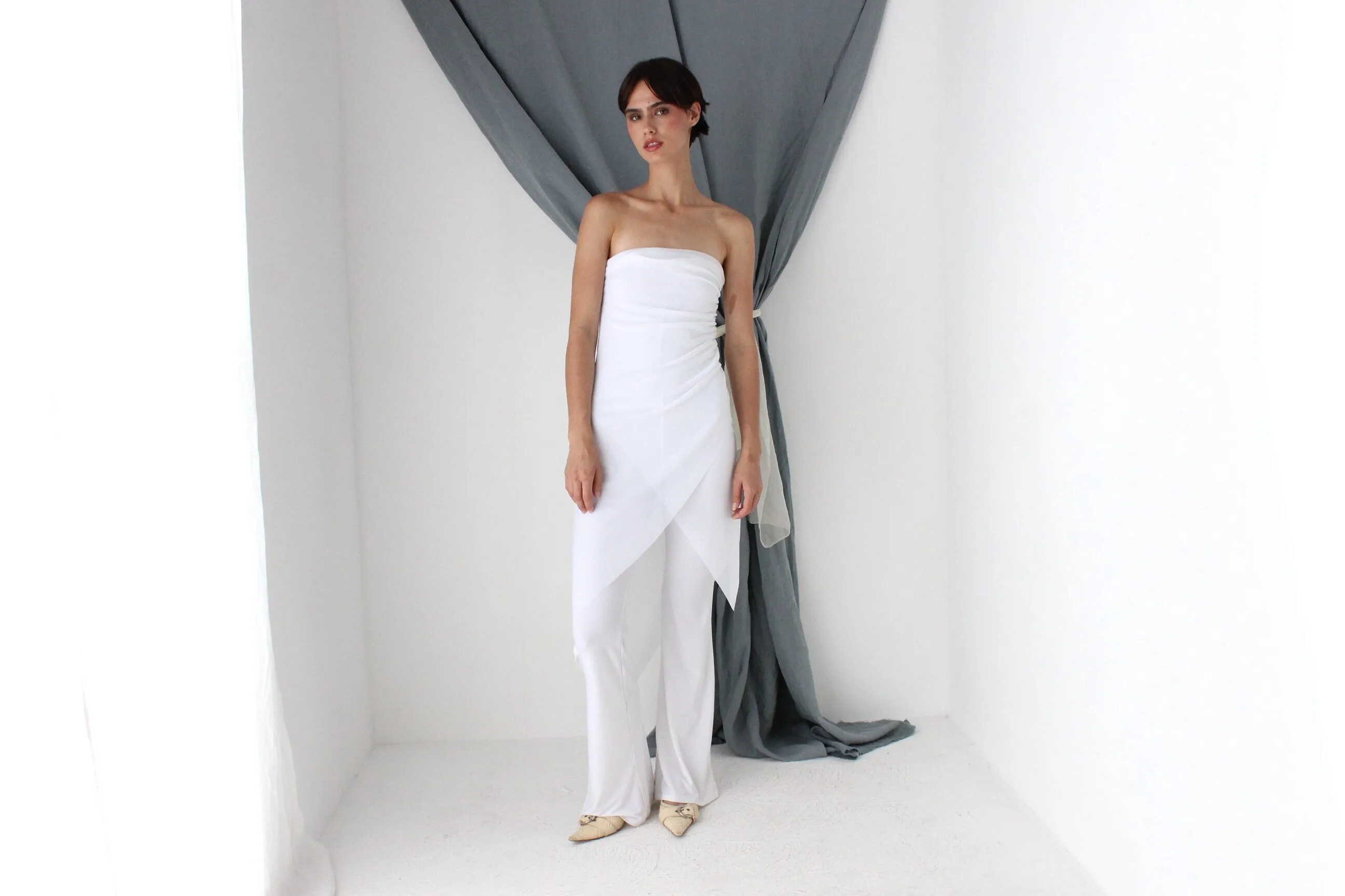MADE IN ITALY Y2K Strapless Mesh & Spandex Ruched Flared Jumpsuit
