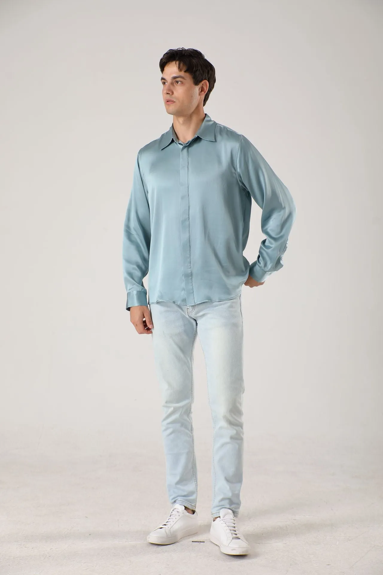 Men Long Sleeve Concealed Placket Silk Shirt