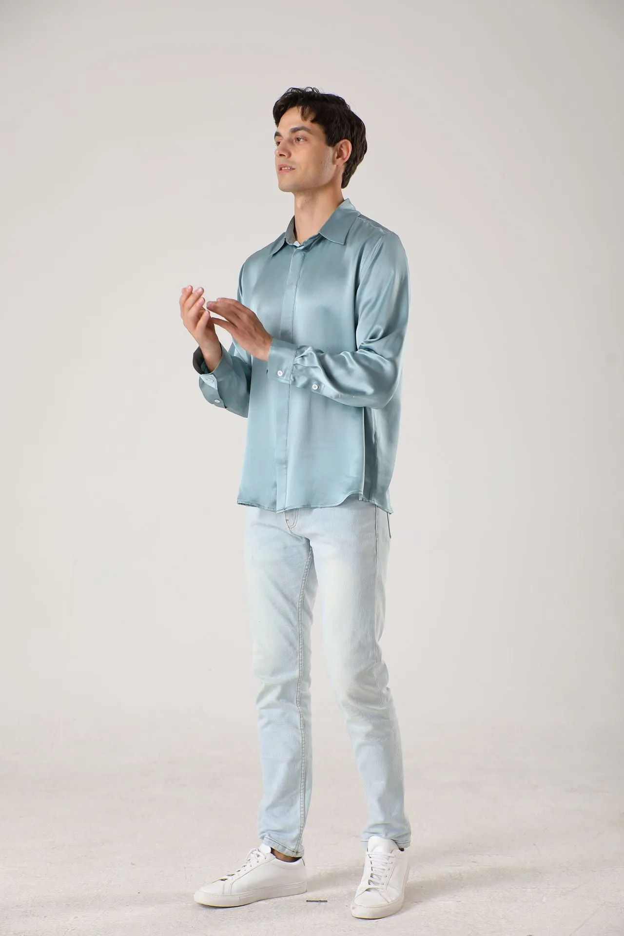 Men Long Sleeve Concealed Placket Silk Shirt